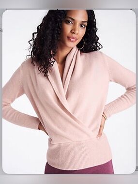100% Cashmere Ann Taylor Dusty Pink Wrap-Front Cowl Sweater